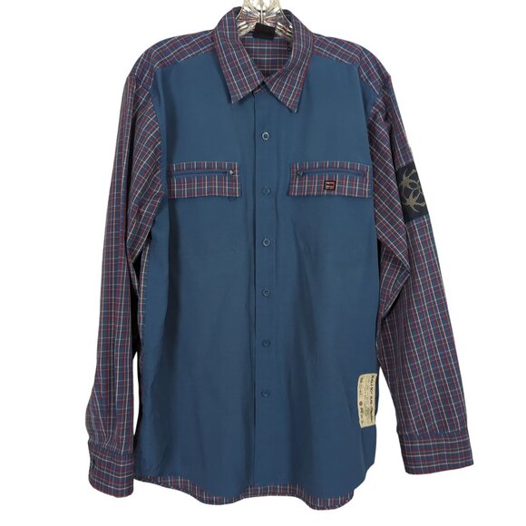 Bugle Boy Plaid Men's Vintage Blue Shirt M Patchwork Long Sleeve Retro Y2K - Picture 1 of 16